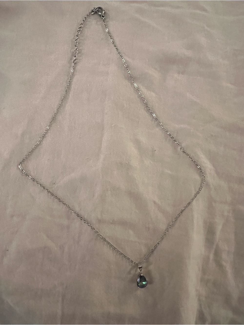 Delicate Silver Teardrop Pendant Necklace with Iridescent Stone